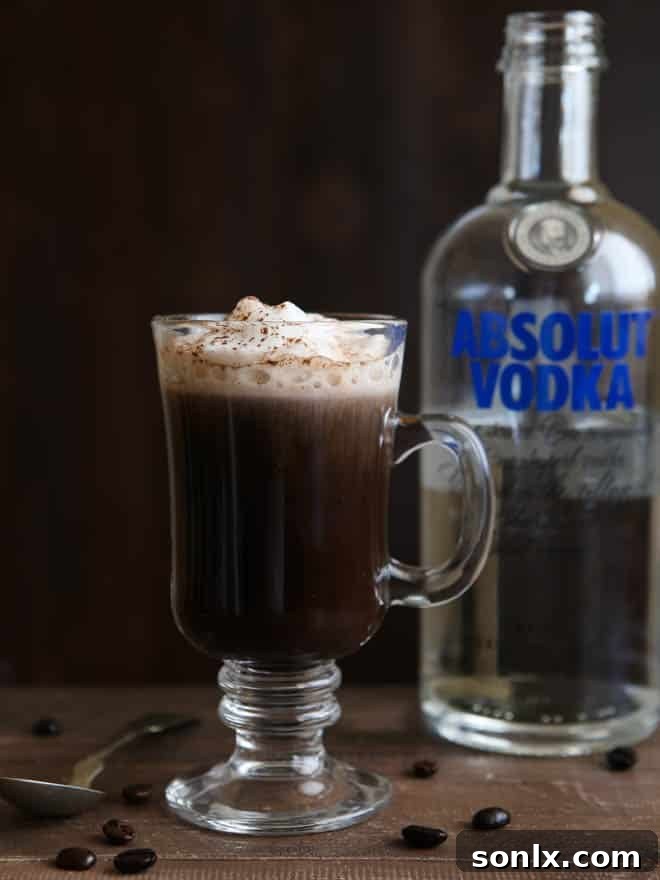 Close-up of a White Russian Mocha, showcasing its inviting layers and rich texture.