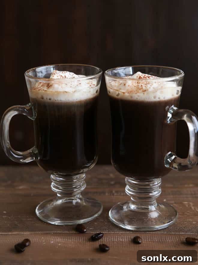 An overhead shot of the White Russian Mocha, garnished with cocoa powder for an elegant finish.
