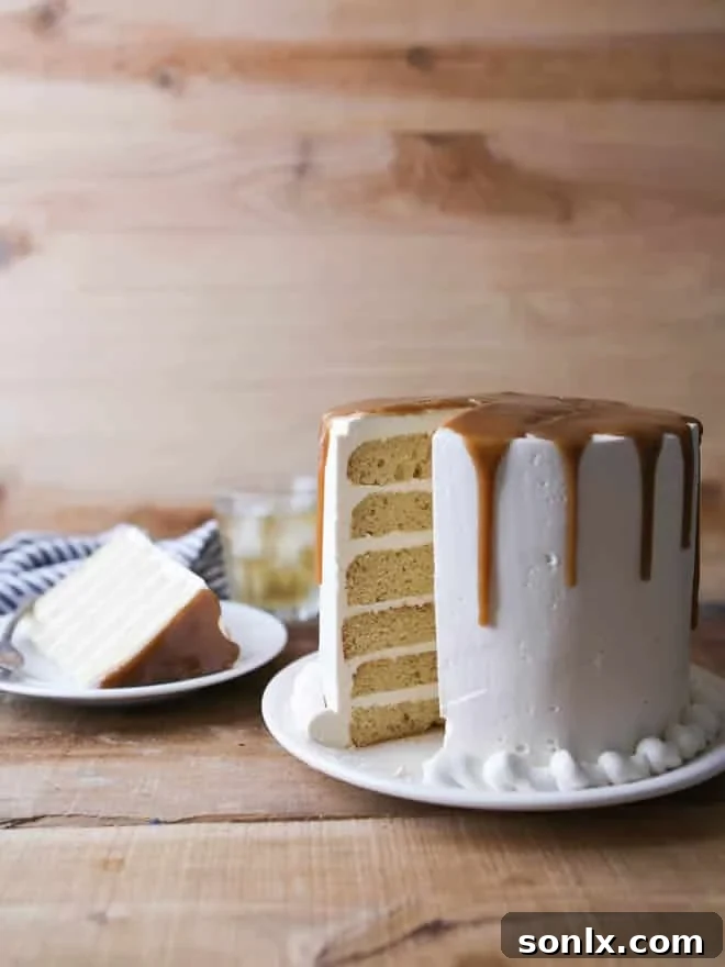 Rich Bourbon Butterscotch Layer Cake, perfect for whiskey lovers and special celebrations.