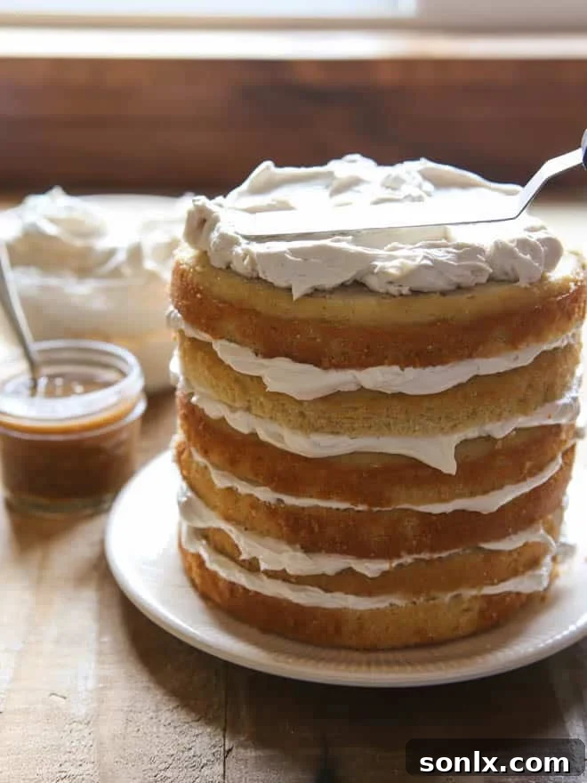 Textural detail of the Bourbon Butterscotch Layer Cake from a top-down view.