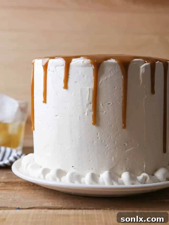 Side view of the multi-layered Bourbon Butterscotch Cake.