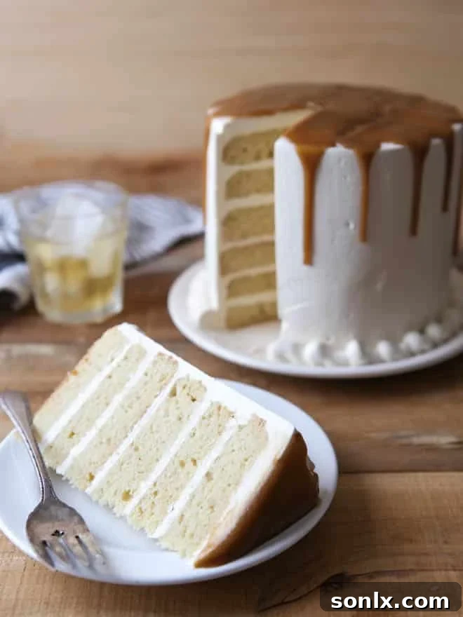 Elegant presentation of the Bourbon Butterscotch Cake, ready to be served.