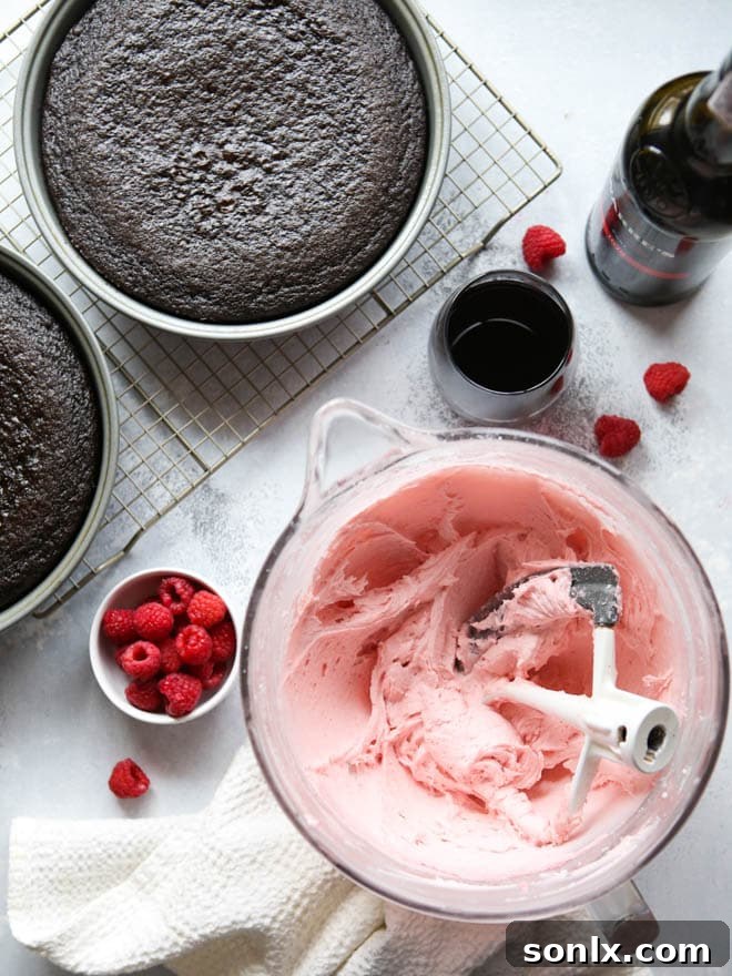 Red Wine Chocolate Cake with Raspberry Buttercream garnished with fresh raspberries