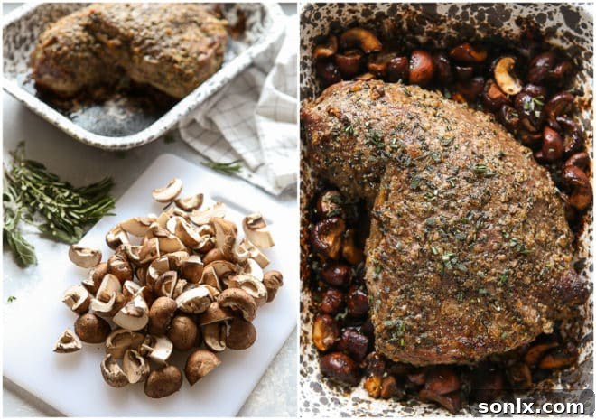 slicing mushrooms and roasted tri-tip roast