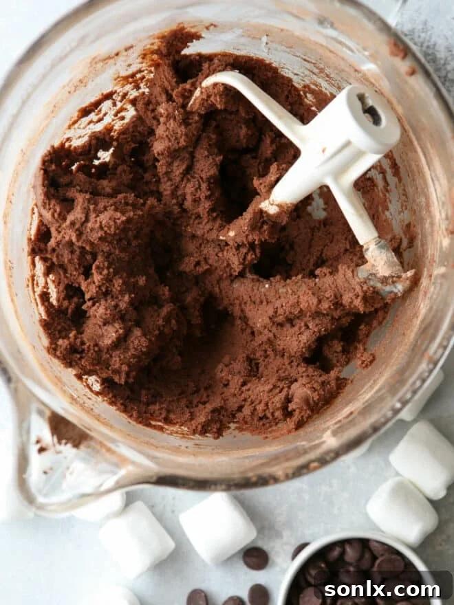 perfectly mixed chocolate marshmallow cookie dough in a bowl
