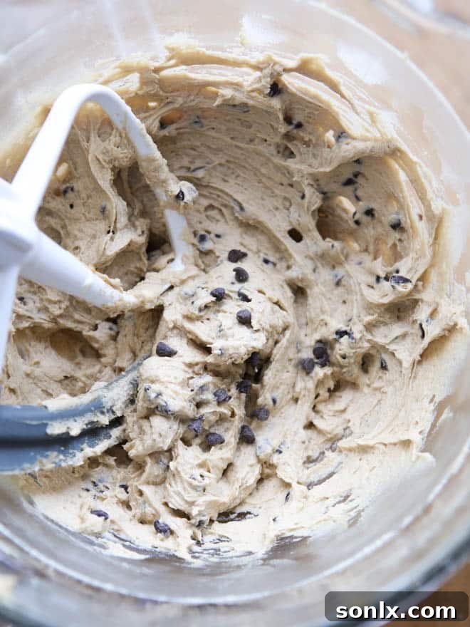 A close-up view of the rich, creamy Chocolate Chip Cookie Dough Frosting, showcasing its smooth texture and abundance of mini chocolate chips. The star of the dessert!