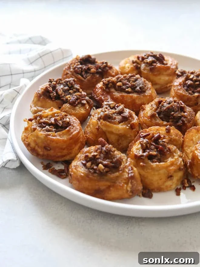 Easy Puff Pastry Sticky Buns, perfectly golden brown with caramel glaze
