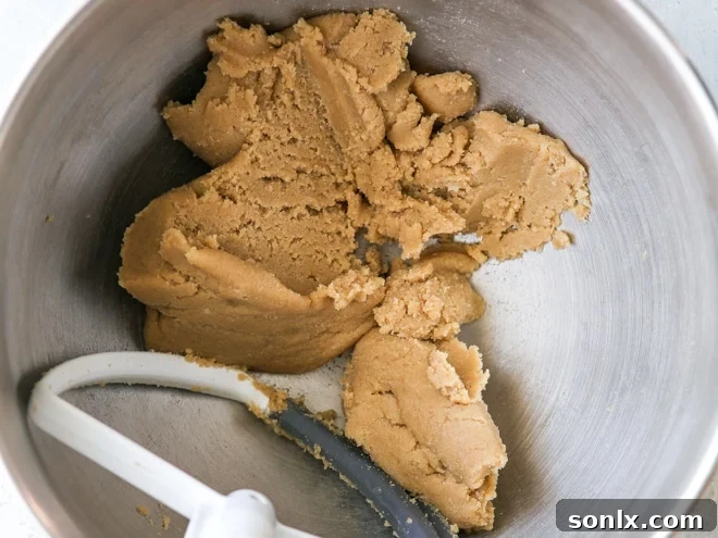 Butter and sugars are combined and scraped down
