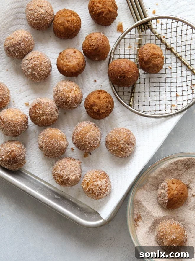 Freshly fried Lemon Cinnamon-Sugar Doughnut Holes on a plate