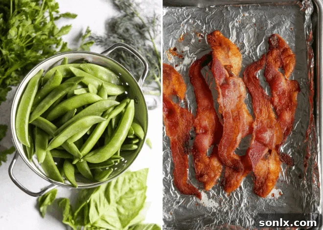 Crispy bacon chunks and fresh sugar snap peas, key ingredients for the salad