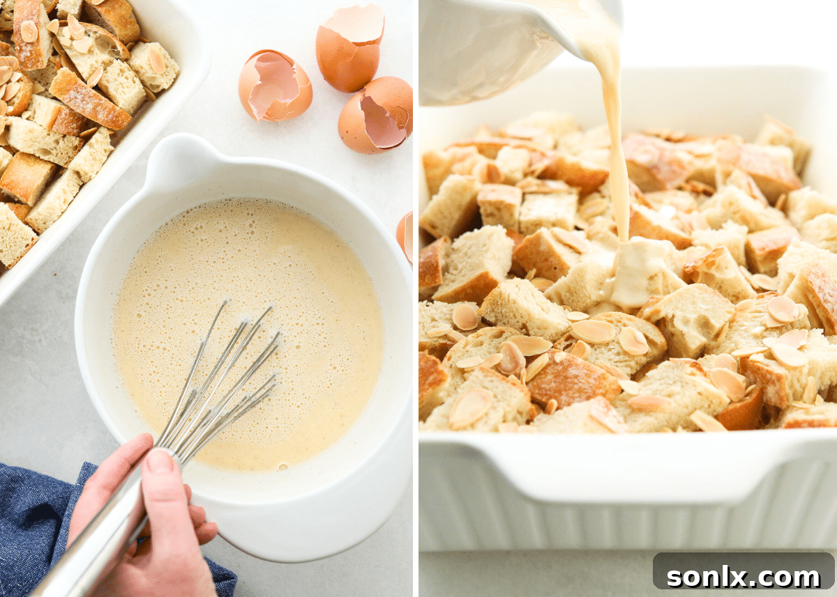 A close-up image showing a whisk mixing a creamy custard in a bowl, with the mixture being poured over cubed bread in a baking dish.