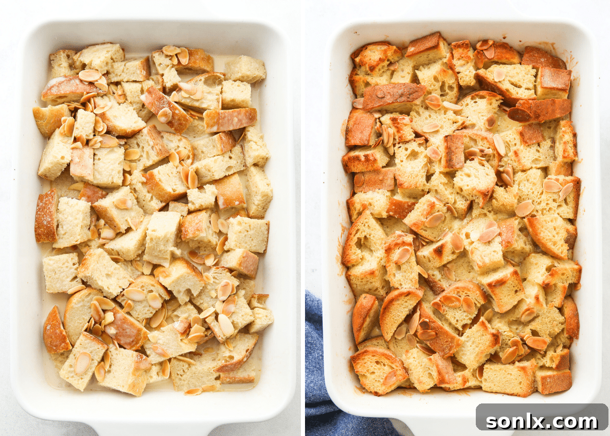 Two images side by side: one showing uncooked bread pudding soaking in custard in a baking dish, and the other showing the same dish after baking, golden brown and risen.