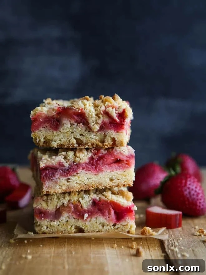 Close-up of sliced strawberry rhubarb crumb bars arranged on a serving plate