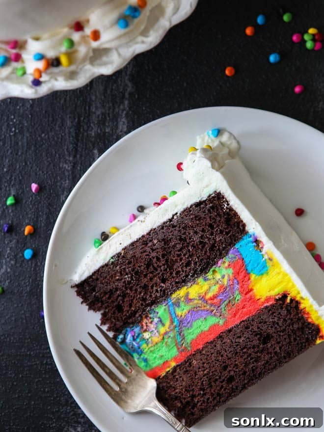 A festive two-layer Chocolate Rainbow Ice Cream Cake, decorated with whipped cream and rainbow sprinkles, ready for celebration.