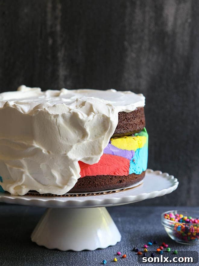 Another perspective of the Chocolate Rainbow Ice Cream Cake, showcasing its vibrant layers and celebratory appeal.