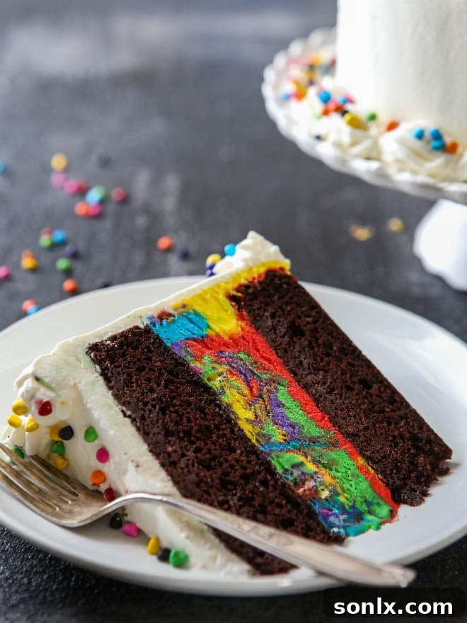 A close-up shot of the finished Chocolate Rainbow Ice Cream Cake, showcasing the colorful sprinkles and smooth whipped cream.