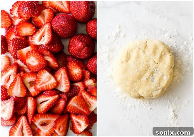 Perfectly sliced fresh strawberries ready for filling, alongside a disc of chilled, homemade pie dough, both essential components for the strawberry skillet pie.