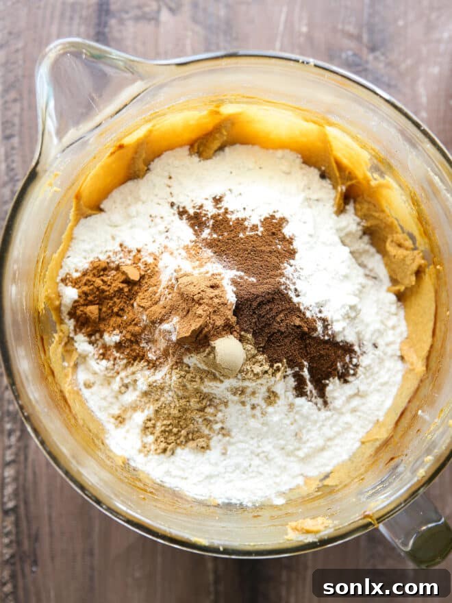Close-up shot of a mixing bowl, showing flour and various spices being added to a creamy cookie dough mixture, illustrating the process of combining dry ingredients.