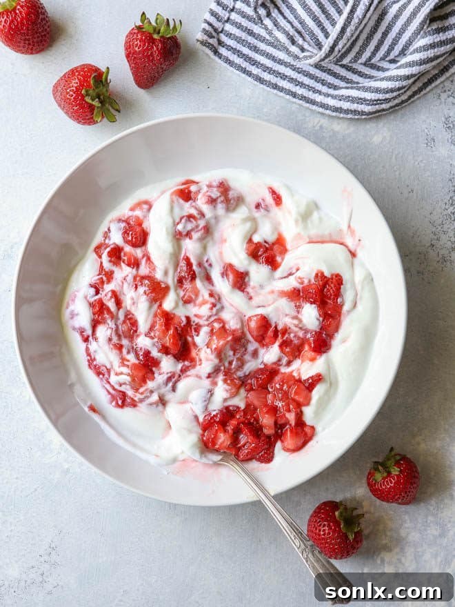 Roasted strawberries swirled with yogurt