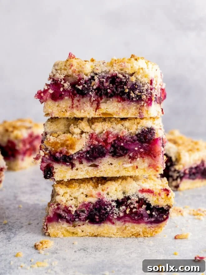 Berry crumb bars stacked on top of each other, showing the crumbly topping and berry filling
