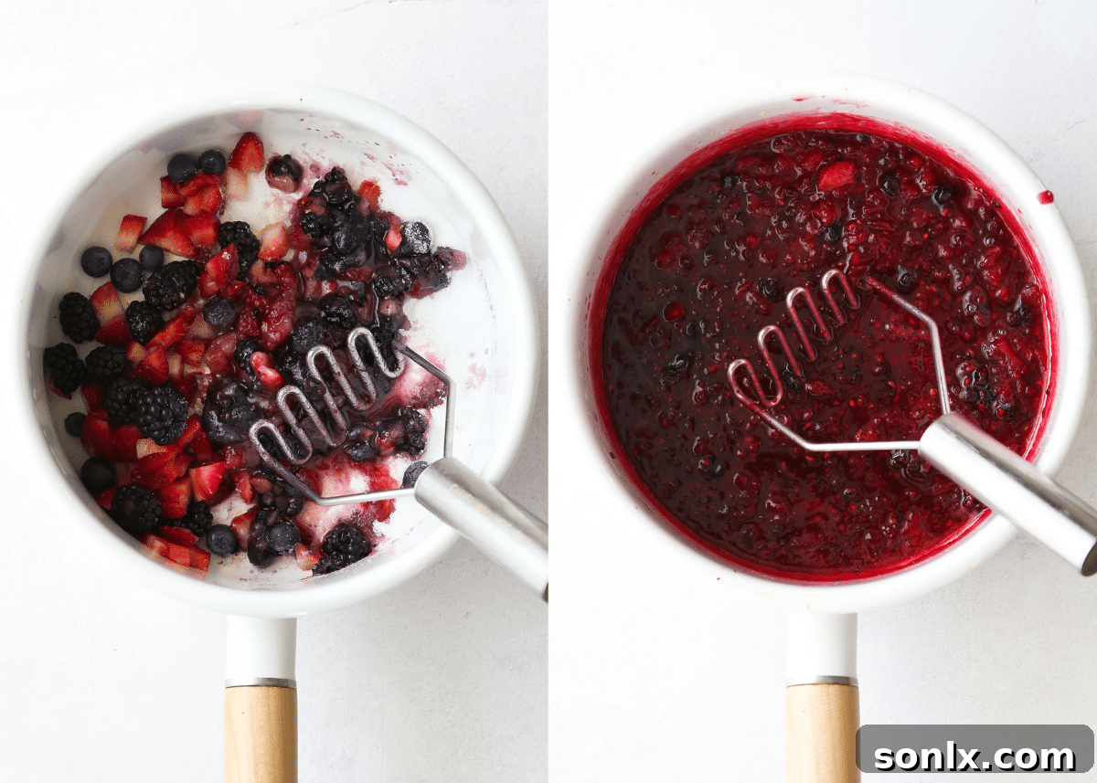 Making berry filling in a saucepan on the stove