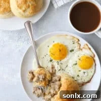 Buttermilk biscuits with sausage gravy on the inside!