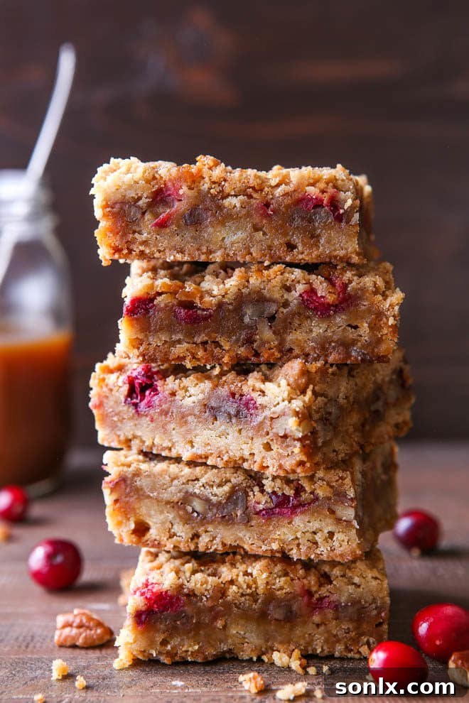 Serving of caramel cranberry pecan nut bars, showcasing the vibrant filling and crumbly topping.