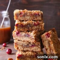 Buttery Caramel Cranberry Pecan Crumb Bars, perfect for fall and holiday baking.