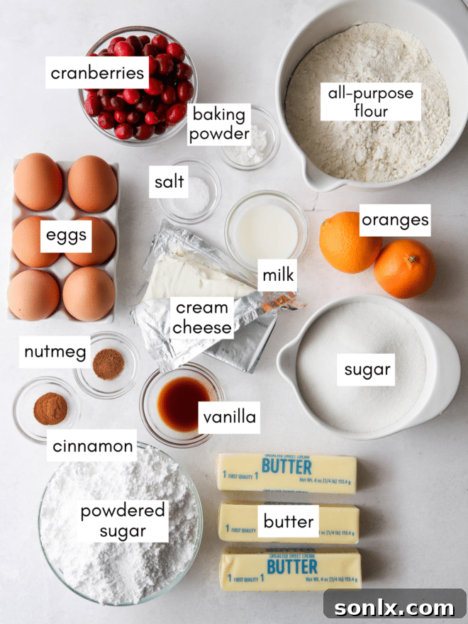 cranberry bundt cake ingredients laid out on a table