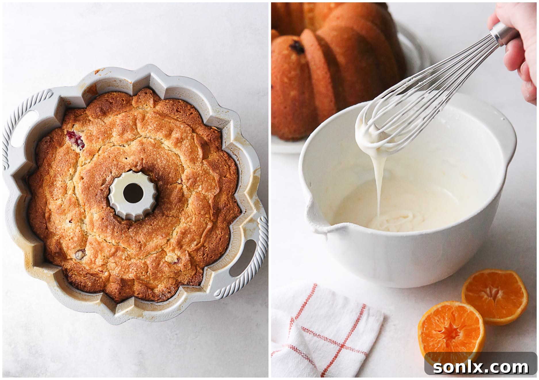 baked bundt cake cooling on a wire rack with orange glaze in a bowl