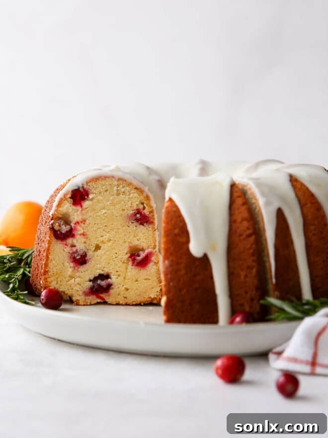 closeup of a slice of cranberry orange bundt cake on a plate