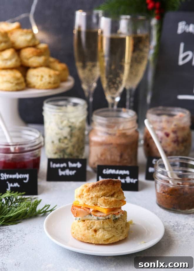 Host a Holiday Biscuit Bar with Cream Cheese Biscuits 6 A festive holiday biscuit bar setup, showcasing an array of delicious toppings, including cheeses, jams, and savory meats, alongside fresh cream cheese biscuits.