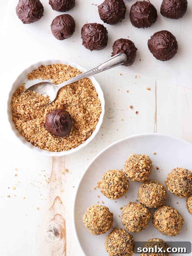 Close-up of easy Nutella truffles, showcasing their creamy texture and hazelnut coating