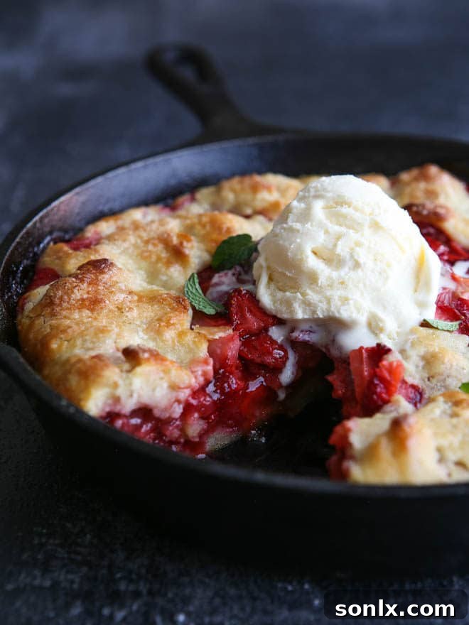 Easy strawberry skillet pie, a perfect summer dessert baked in a cast iron skillet
