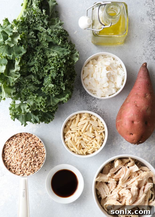 All the delicious components laid out for assembling my favorite healthy farro bowls: cooked farro, shredded chicken, roasted sweet potatoes, kale, flaked coconut, and slivered almonds.