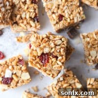 No-bake cereal bars with dried cherries, almonds, and coconut