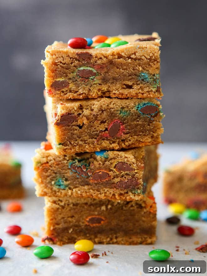 Finished Peanut Butter M&M Cookie Bars in pan