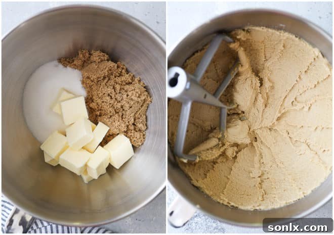 Softened butter and granulated sugar creaming together in a mixing bowl, ready for cookie dough preparation