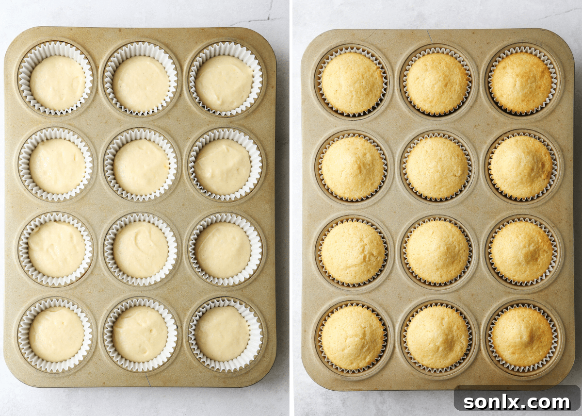 A hand using an ice cream scoop to fill cupcake liners with vanilla batter.