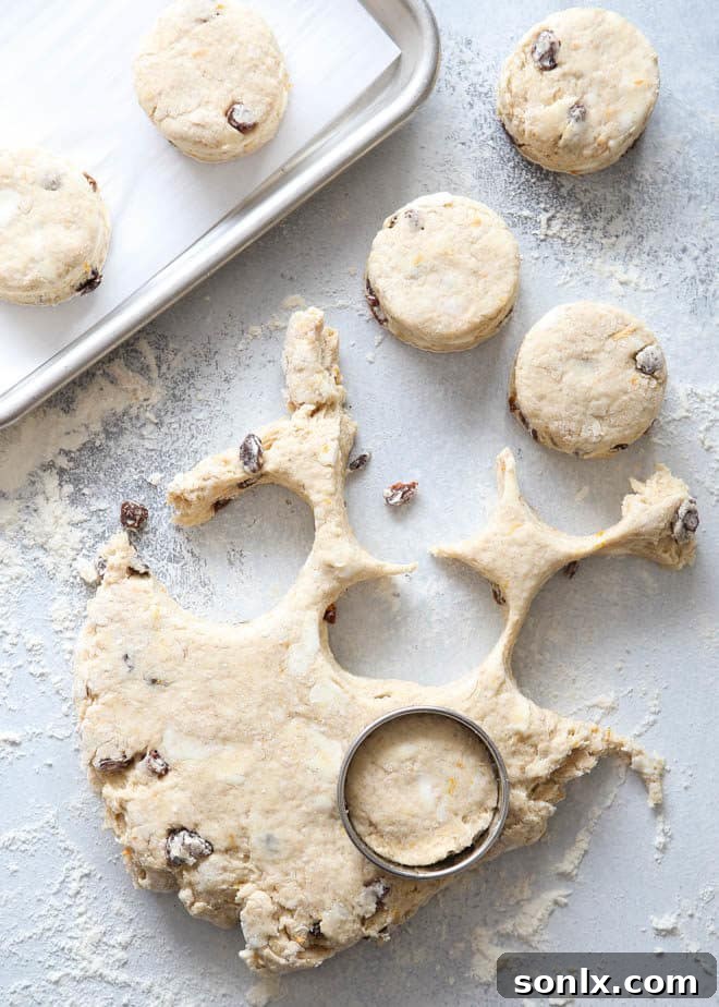 A hand using a round biscuit cutter to shape hot cross biscuits from a rolled-out dough, demonstrating the cutting process