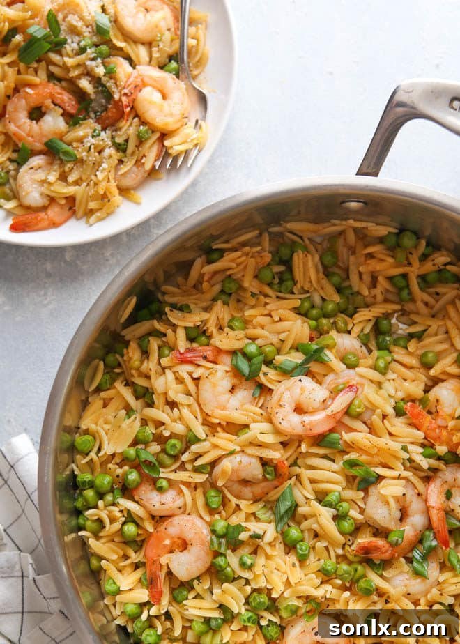 A serving of One-Pot Shrimp and Pea Orzo Pasta in a bowl, ready to eat.