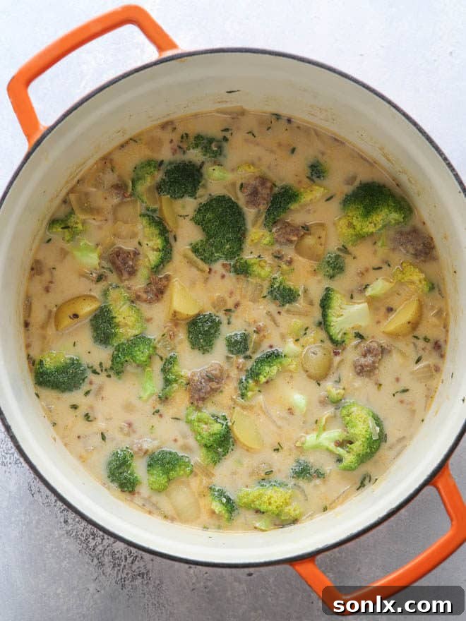 A close-up shot of a bowl of creamy sausage, broccoli, and potato soup, garnished with a sprinkle of fresh parsley, emphasizing its rich texture and appealing presentation. Perfect for a cozy weeknight meal.