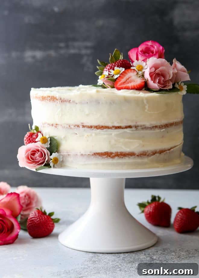 Homemade strawberry layer cake with fresh strawberries and cream cheese frosting