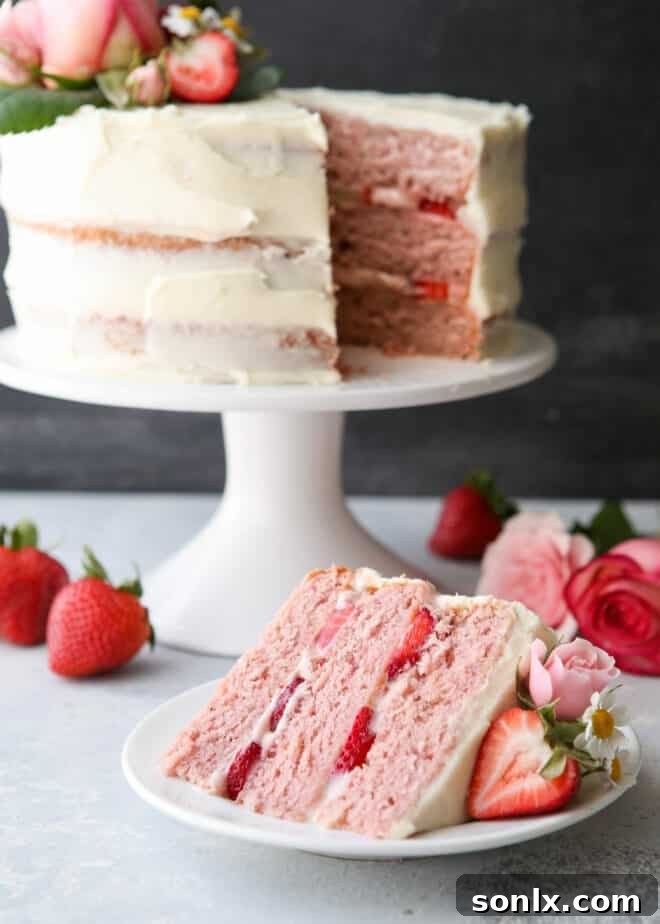 Homemade strawberry layer cake with fresh strawberries and cream cheese frosting