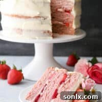 Homemade strawberry layer cake with fresh strawberries and cream cheese frosting