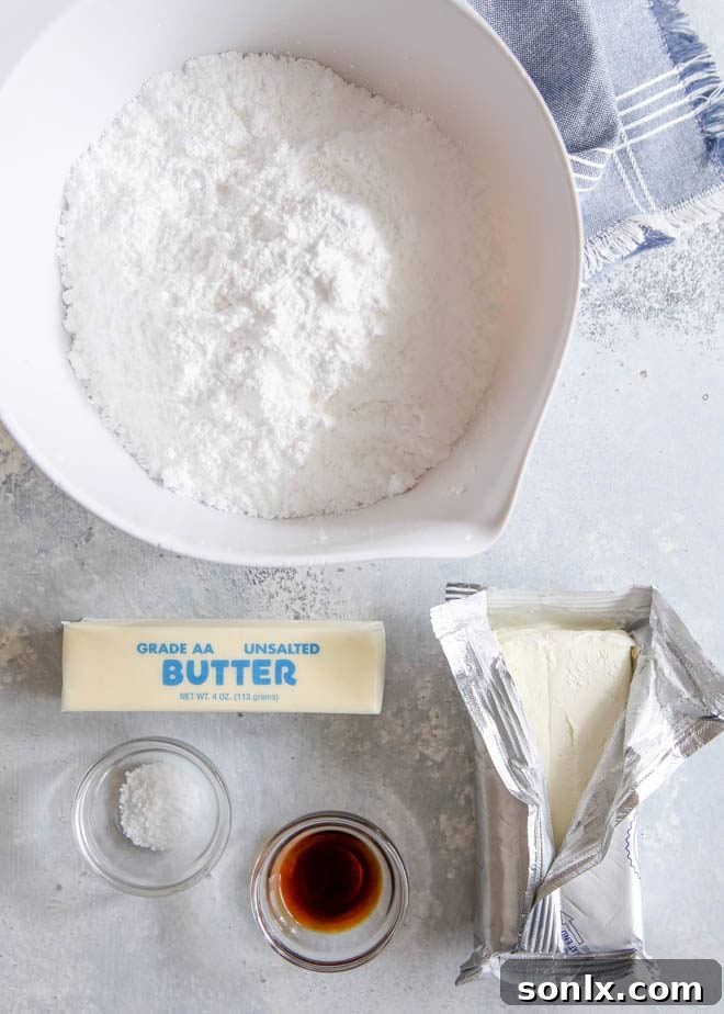 Ingredients for the creamiest cream cheese buttercream frosting