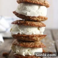 A perfectly assembled Oatmeal Cream Pie Ice Cream Sandwich with soft oatmeal cookies and creamy marshmallow ice cream.