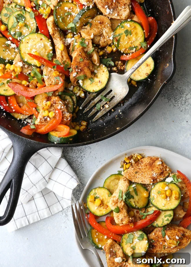 This southwest chicken skillet with zucchini, bell peppers, and corn is a delicious and healthy summer meal!