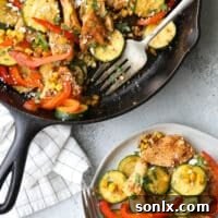 This southwest chicken skillet with zucchini, bell peppers, and corn is a delicious and healthy summer meal!