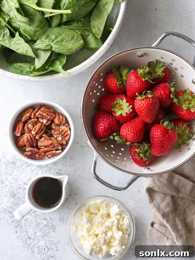 All the measured components for a strawberry spinach salad laid out on a table, including spinach, sliced strawberries, pecans, feta, and dressing ingredients.